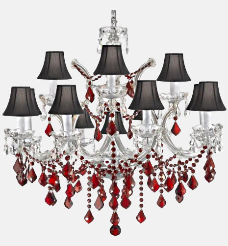 Chandelier Crystal Lighting W/ Ruby Red Crystal & Black Shades