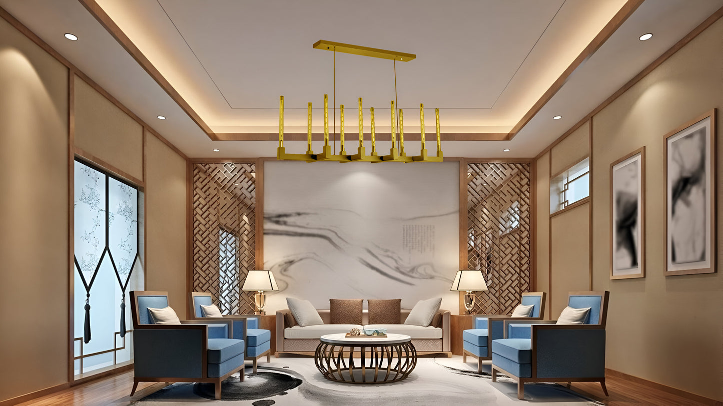Elevate Your Space with Vintage Charm Corsica Linear Chandelier 55" Vintage Barn Metal Chandelier, Ideal for Industrial Loft Rustic Lighting in the Living Room, Dining Room, Kitchen, and More Gold - 199401003
