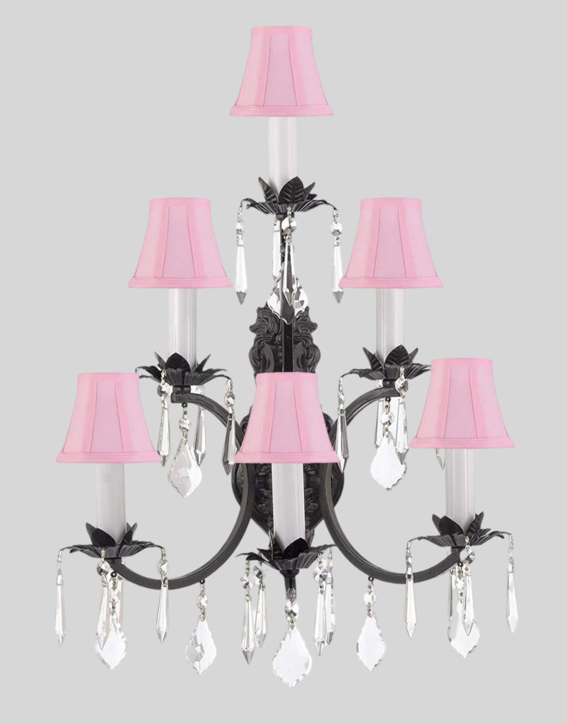 Wrought Iron Wall Sconce Crystal Lighting 3 Tier Wall Sconces W16" x H24" w/Pink Shades