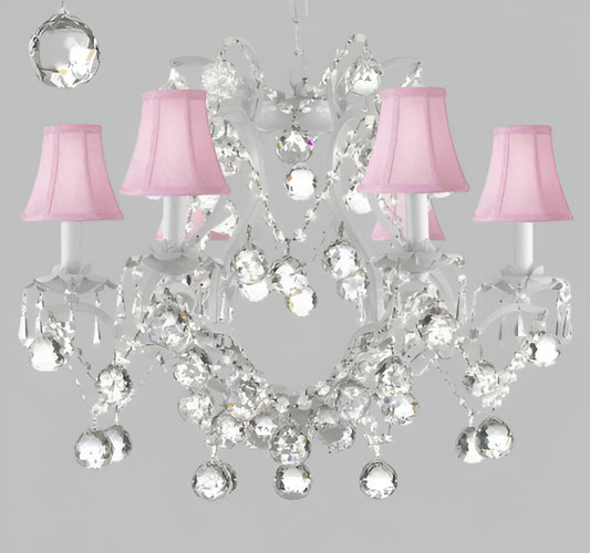 Swarovski Crystal Trimmed Chandelier White Wrought Iron Crystal Chandelier Lighting H 19" W 20" Dressed With Feng Shui 40Mm Crystal Balls And Pink Shades