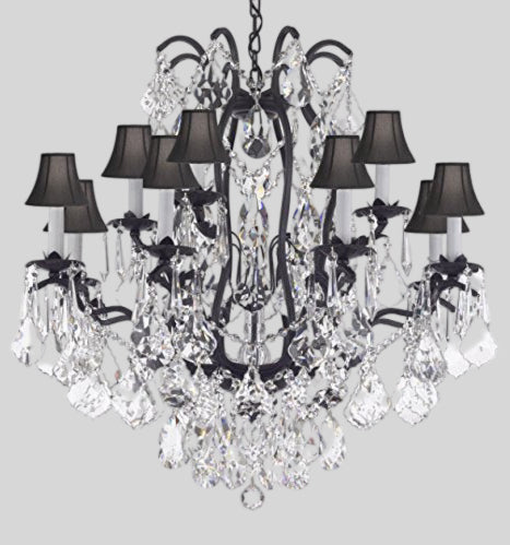 Wrought Iron Crystal Chandelier Chandeliers Lighting Dressed With High Quality Diamond Cut Crystal! Good for Dining Room, Foyer, Entryway, Family Room, Bedroom, Living Room and More!