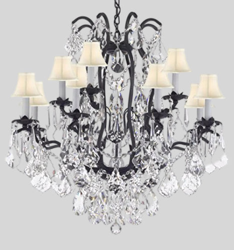 Wrought Iron Crystal Chandelier Chandeliers Lighting Dressed With High Quality Diamond Cut Crystal! Good for Dining Room, Foyer, Entryway, Family Room, Bedroom, Living Room and More!