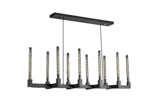 The Corsica Linear Chandelier is a stunning vintage barn metal chandelier, perfect for industrial loft settings. Its design makes it a great addition to various spaces, including the living room, dining room, and kitchen.