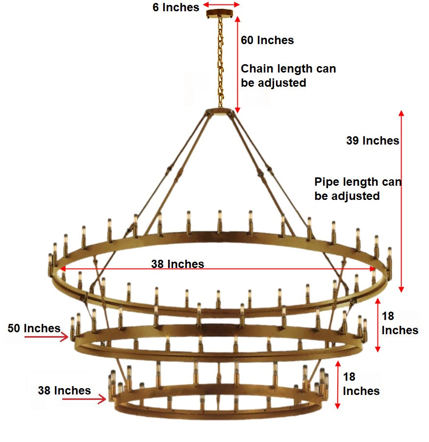 Extra large wrought iron chandeliers vintage metal barn rod rustic small white and black homes aged pendant three tier grandeur 66 kitchen foyer woodhouse lighting fixtures for sale for Industrial Loft and Rustic Lighting Gold Finish (W 63" H 75")