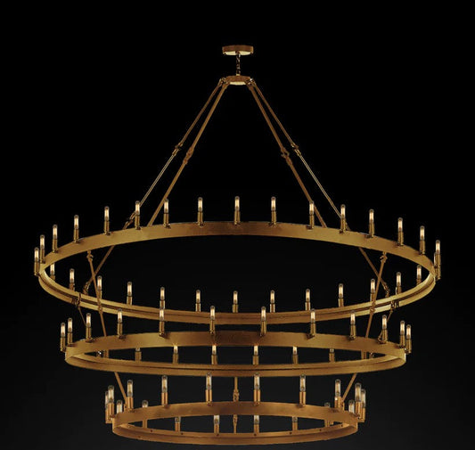 Barn Metal Grandeur Vintage Three-Tier Wrought Iron Chandelier for Industrial Loft and Rustic Lighting Gold Finish (W 63" H 75")