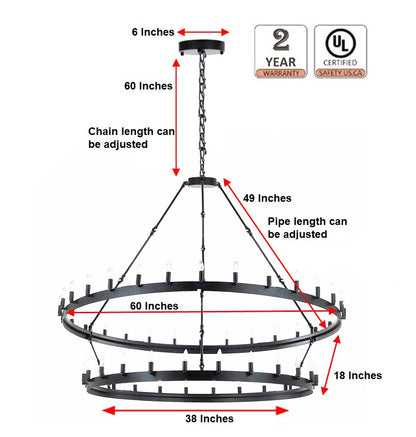Vintage Elegance Wrought Iron Two-Tier Chandelier for Industrial Loft and Rustic Lighting (W63" x H60") - G7 - 199505401